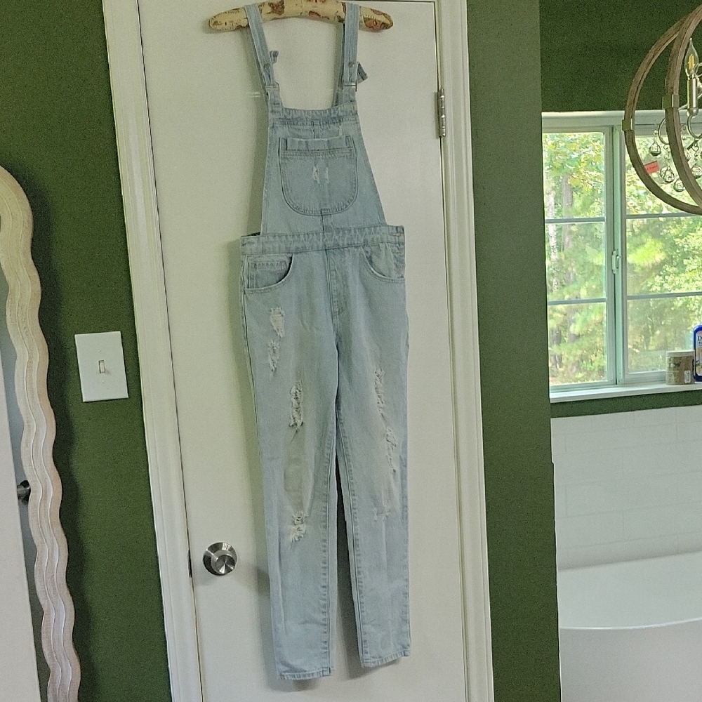 Forever 21 Light Blue Distressed Denim Overalls